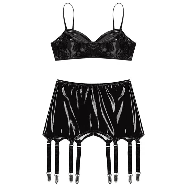 Womens Miniskirt Sexy Lingerie Set No Pad Crop Top Faux Leather Nightwear Vest