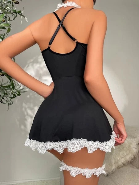 Sexy Women Lingerie French Maid Cosplay Mini Dress Set with Chocker Costume US