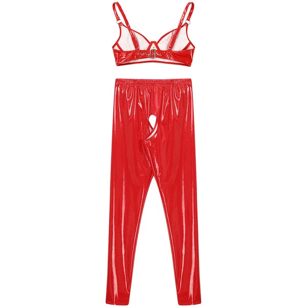 Womens Lingerie Set Crotchless Clubwear Patent Leather Catsuit Wirefree Costume