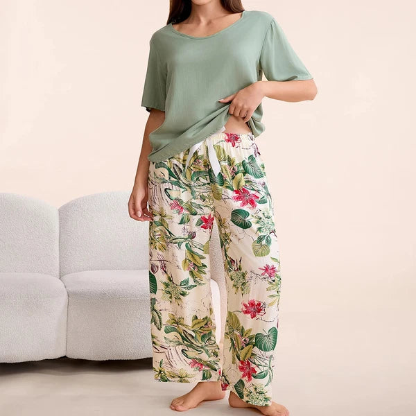 Plus Size S-6XL Viscose Women Pajamas Set Pants Floral Print Casual Sleepwear