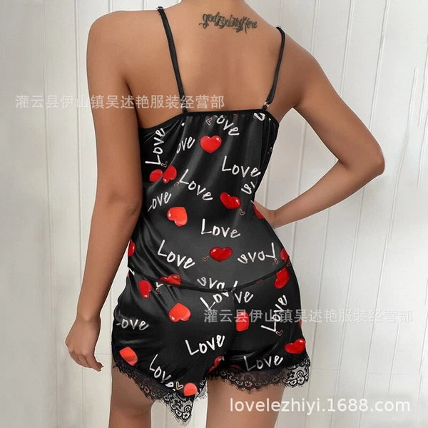 Ladies Eyelashes Lace Decorative Prints Satin Suspenders Sleepwear Loungewear