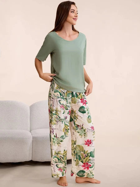 Plus Size S-6XL Viscose Women Pajamas Set Pants Floral Print Casual Sleepwear