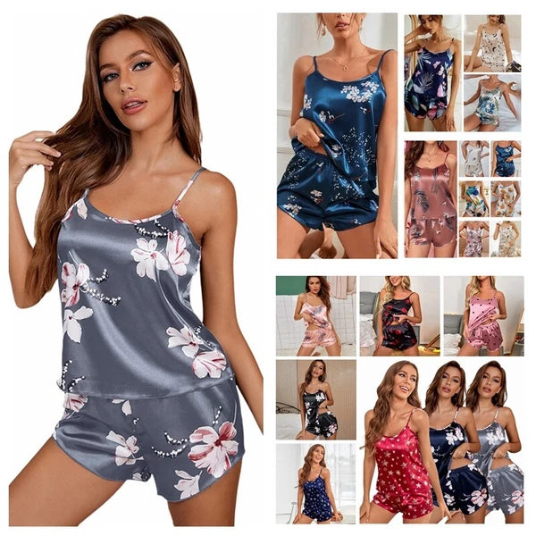 Ladies Women Satin Silk Pyjamas Set Lace Cami Vest Shorts Lingerie Sleepwear Pjs