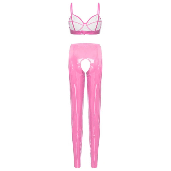 Womens Lingerie Set Crotchless Clubwear Patent Leather Catsuit Wirefree Costume