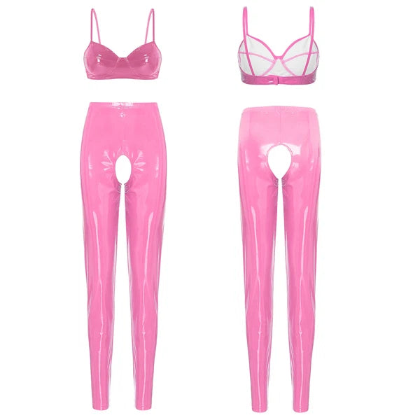 Womens Lingerie Set Crotchless Clubwear Patent Leather Catsuit Wirefree Costume