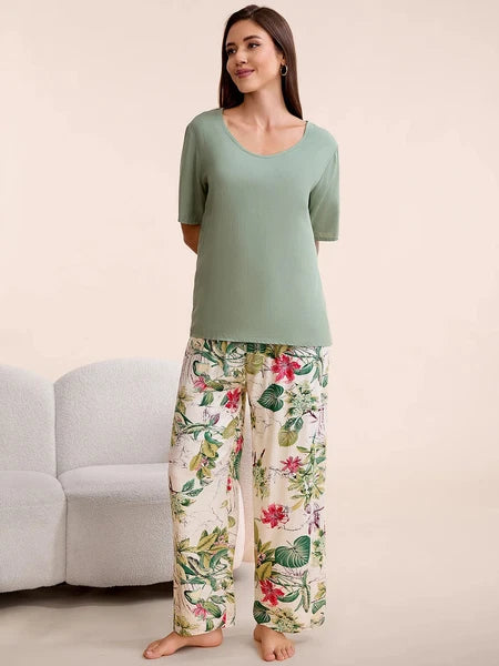 Plus Size S-6XL Viscose Women Pajamas Set Pants Floral Print Casual Sleepwear
