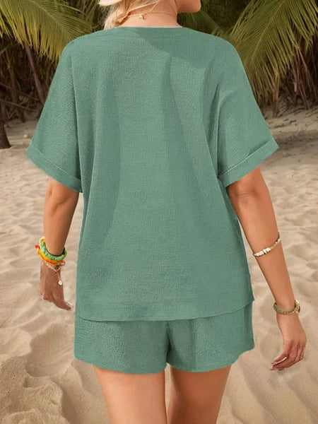 Women's V-Neck Short Sleeve Top and Drawstring Shorts Set NEW