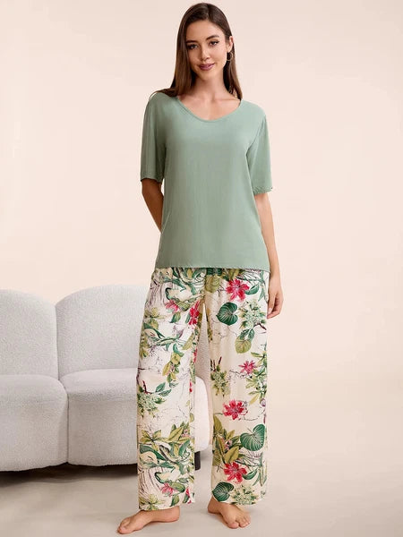 Plus Size S-6XL Viscose Women Pajamas Set Pants Floral Print Casual Sleepwear