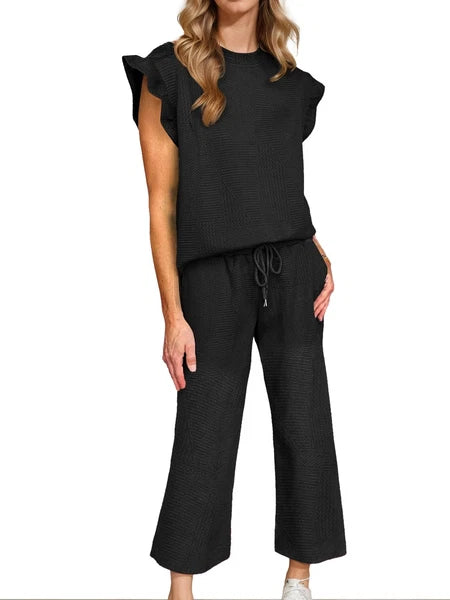 Women Ruffle Sleeve Top and Loose Cropped Pants Set
