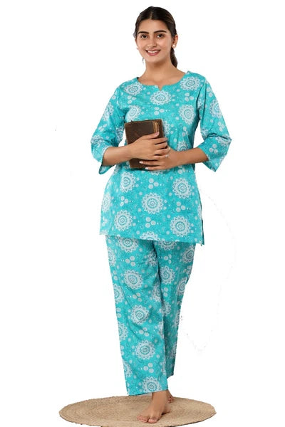 New Indian Printed Cotton Top &Pajama Set Ethnic Sleepwear/Lounge Wear/NightSuit