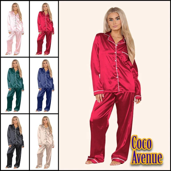 Ladies Satin Long Sleeve Pyjamas Button Shirt Trouser 2 Pcs Pajama Set Nightwear