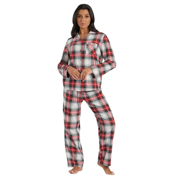 Ladies Brushed Cotton Flannel Check Pyjamas Pyjama Set Womens PJs Red Size 8-22