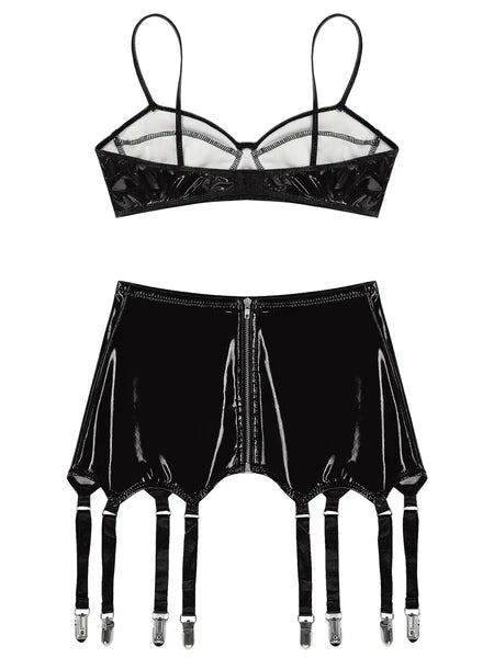 Womens Lingerie Set Metallic Crop Top Wirefree Miniskirt Unlined Nightwear Sexy