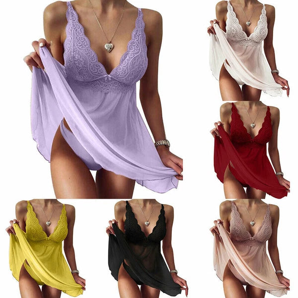 Women Lace Sleepwear Strap Floral Panties Lingerie Pajamas V Neck Babydoll Dress