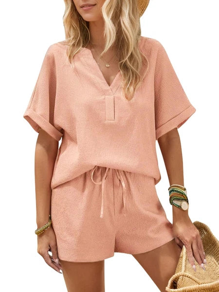 Women's V-Neck Short Sleeve Top and Drawstring Shorts Set NEW