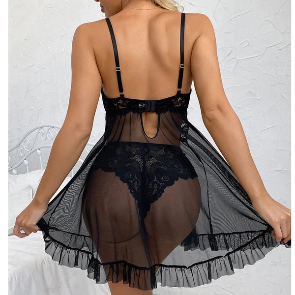 Women Lace Babydoll Lingerie Sexy Chemise G-string Set Nightie Bridal Nightdress