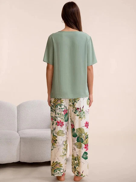 Plus Size S-6XL Viscose Women Pajamas Set Pants Floral Print Casual Sleepwear