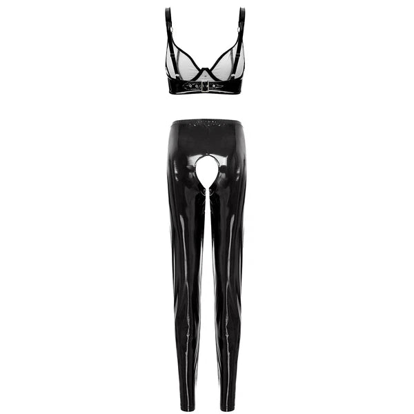 Womens Lingerie Set Crotchless Clubwear Patent Leather Catsuit Wirefree Costume