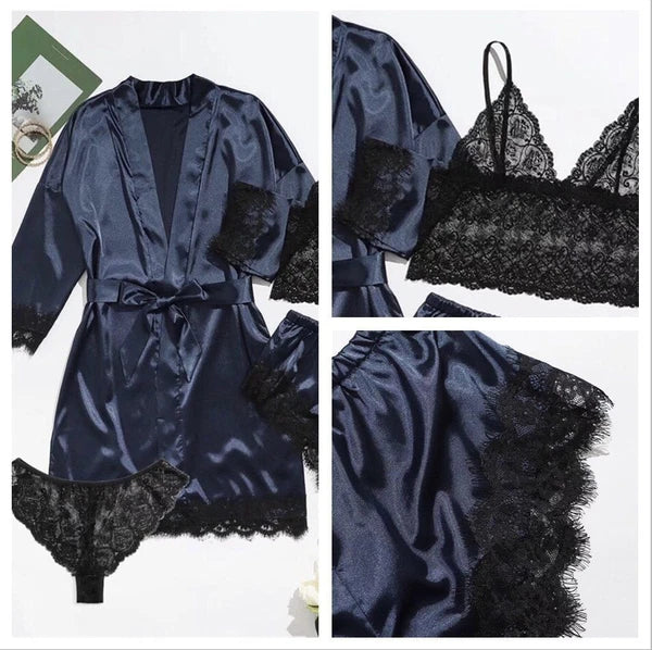 S-3XL Four-Piece Womens Ladies Pajamas Sexy Home Wear Set Lace Sling Underwear