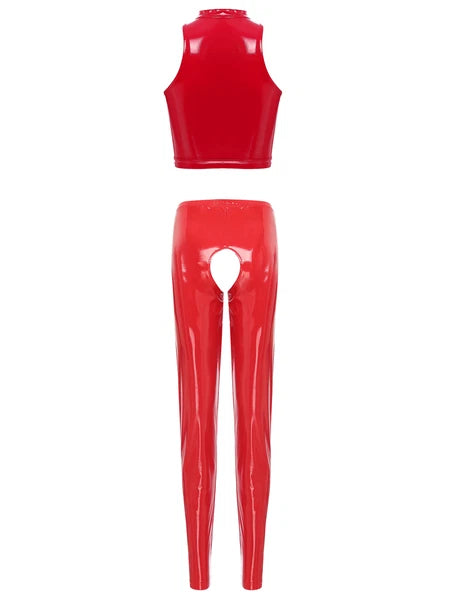 Womens Lingerie Set Crotchless Clubwear Patent Leather Catsuit Wirefree Costume