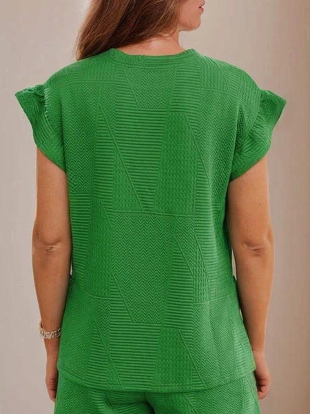 Women Ruffle Sleeve Top and Loose Cropped Pants Set