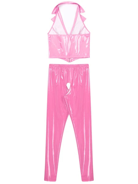 Womens Lingerie Set Crotchless Clubwear Patent Leather Catsuit Wirefree Costume
