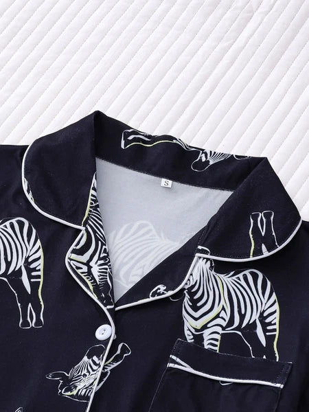 Stylish Zebra Print Womens Pajama Set - Short Sleeve Button Up Top with Lapel