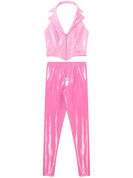 Womens Lingerie Set Crotchless Clubwear Patent Leather Catsuit Wirefree Costume