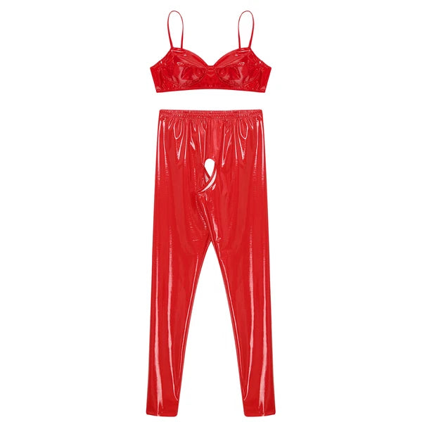 Womens Lingerie Set Crotchless Clubwear Patent Leather Catsuit Wirefree Costume