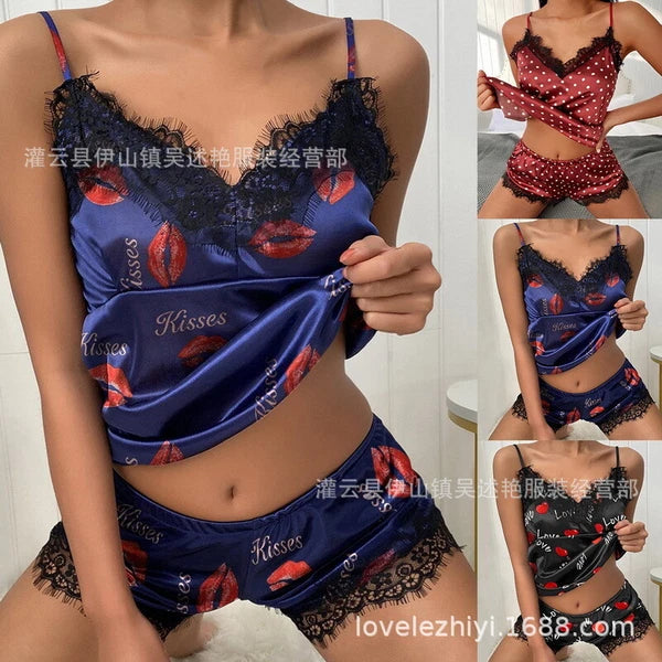 Ladies Eyelashes Lace Decorative Prints Satin Suspenders Sleepwear Loungewear