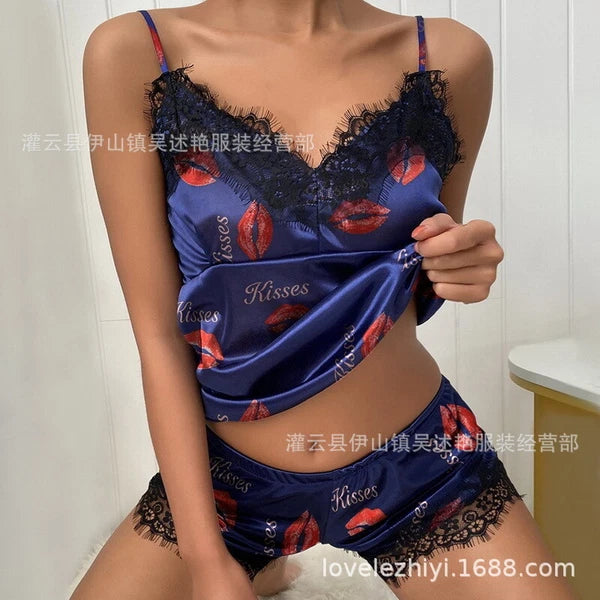 Ladies Eyelashes Lace Decorative Prints Satin Suspenders Sleepwear Loungewear
