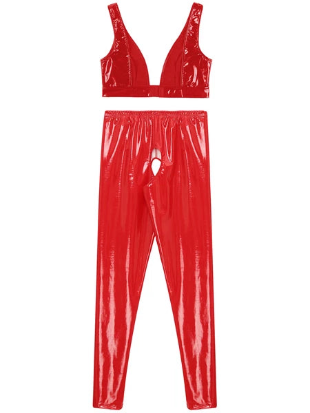 Womens Lingerie Set Crotchless Clubwear Patent Leather Catsuit Wirefree Costume