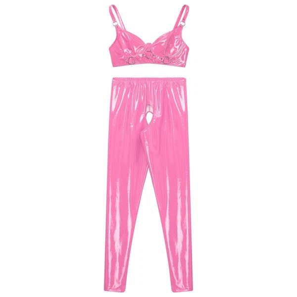 Womens Lingerie Set Crotchless Clubwear Patent Leather Catsuit Wirefree Costume