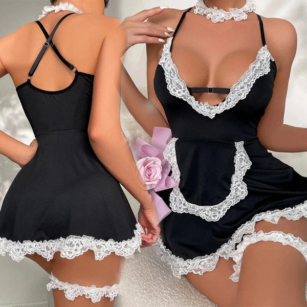 Sexy Women Lingerie French Maid Cosplay Mini Dress Set with Chocker Costume US