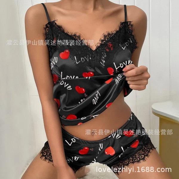 Ladies Eyelashes Lace Decorative Prints Satin Suspenders Sleepwear Loungewear