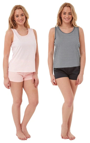 Ladies Cotton Striped Short Pyjama Set Pyjamas PJ Set Navy/Pink Size 10-20