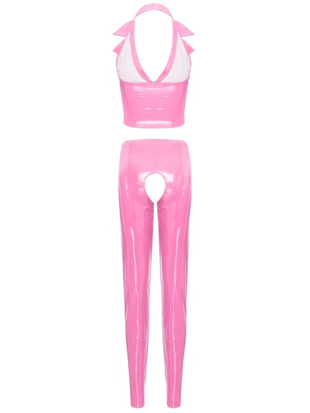 Womens Lingerie Set Crotchless Clubwear Patent Leather Catsuit Wirefree Costume