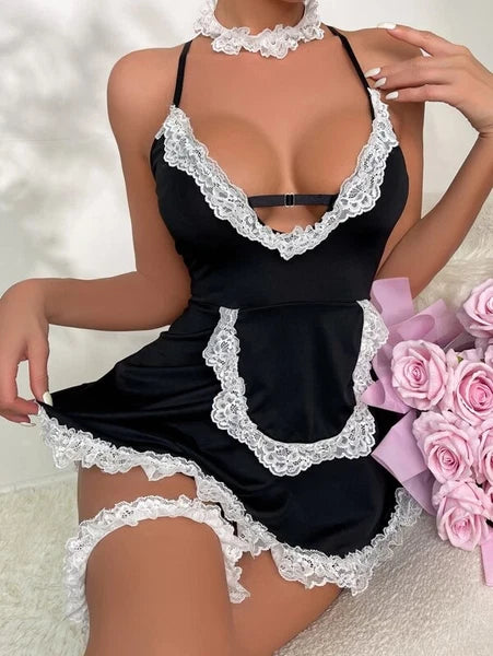 Sexy Women Lingerie French Maid Cosplay Mini Dress Set with Chocker Costume US