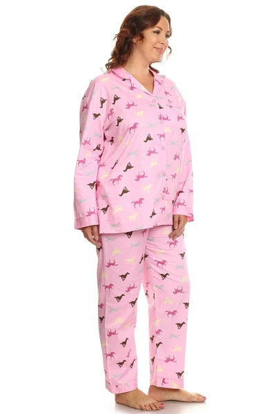 PB COUTURE Women Pink Horses Pajamas 100% Cotton Poplin