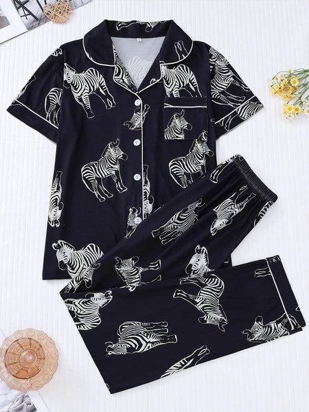 Stylish Zebra Print Womens Pajama Set - Short Sleeve Button Up Top with Lapel