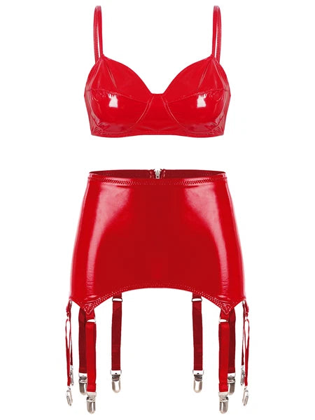 Womens Miniskirt Sexy Lingerie Set No Pad Crop Top Faux Leather Nightwear Vest