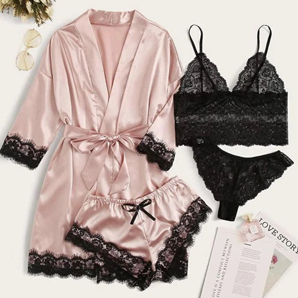 S-3XL Four-Piece Womens Ladies Pajamas Sexy Home Wear Set Lace Sling Underwear