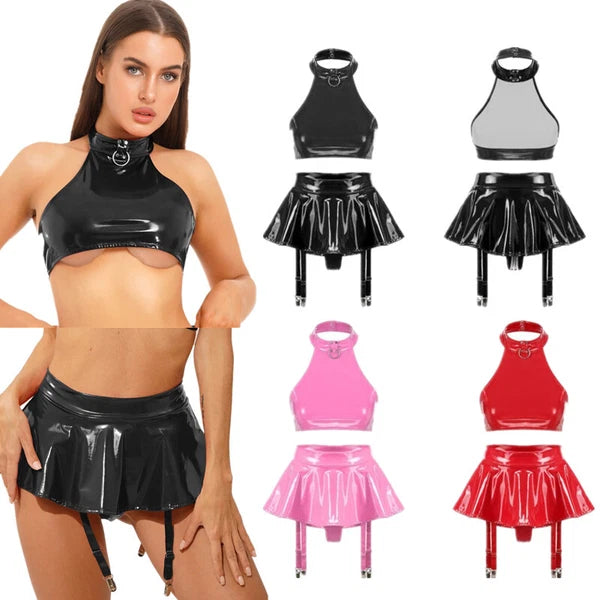 Womens Sexy PVC Leather Lingerie Set Shiny Backless Crop Tops Vest with Skirt