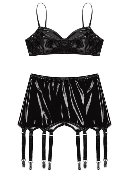 Womens Miniskirt Sexy Lingerie Set No Pad Crop Top Faux Leather Nightwear Vest