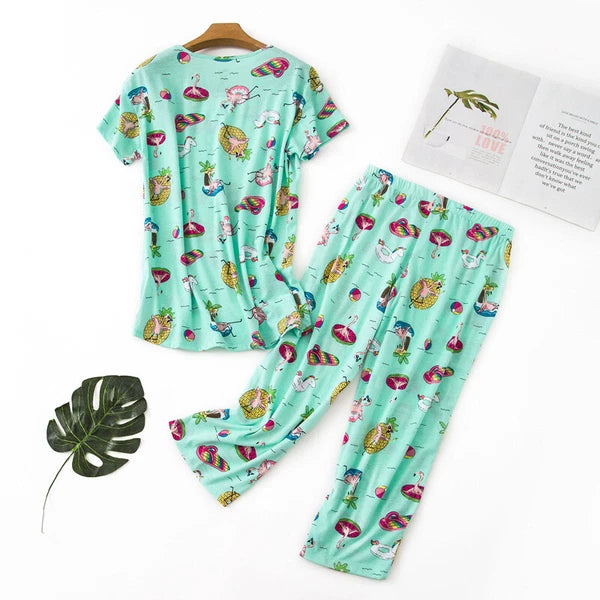 Womens Capri Set Sleepwear Pajamas Woman Sleep Nightshirt Home wear Nightwear Pj