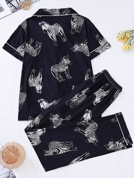 Stylish Zebra Print Womens Pajama Set - Short Sleeve Button Up Top with Lapel