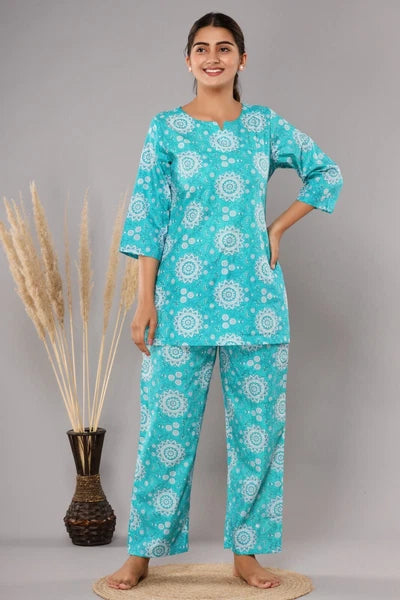 New Indian Printed Cotton Top &Pajama Set Ethnic Sleepwear/Lounge Wear/NightSuit