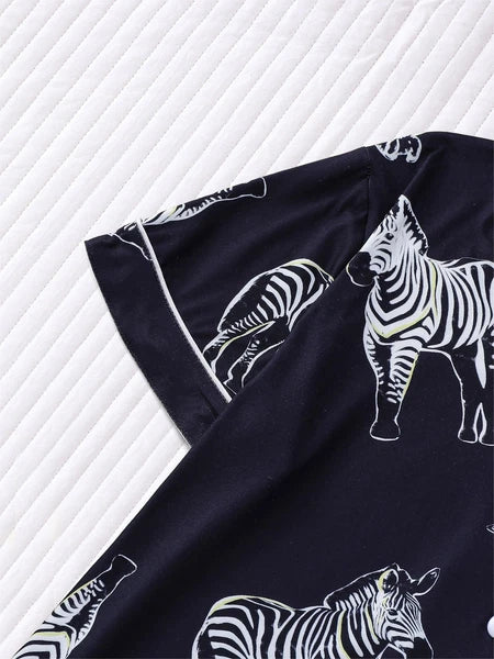 Stylish Zebra Print Womens Pajama Set - Short Sleeve Button Up Top with Lapel