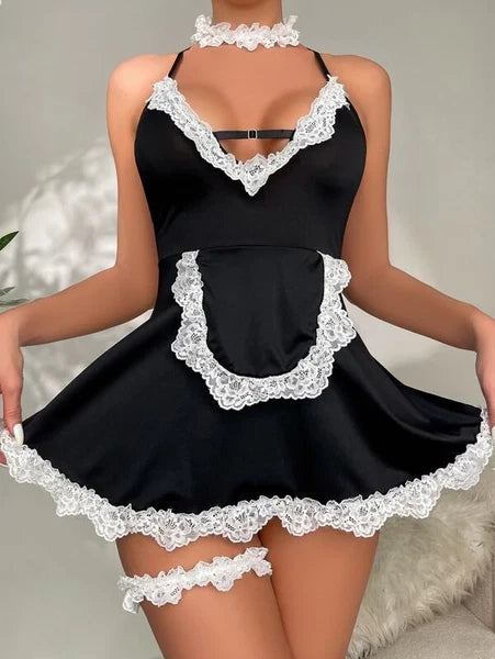 Sexy Women Lingerie French Maid Cosplay Mini Dress Set with Chocker Costume US