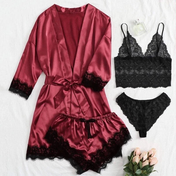 S-3XL Four-Piece Womens Ladies Pajamas Sexy Home Wear Set Lace Sling Underwear